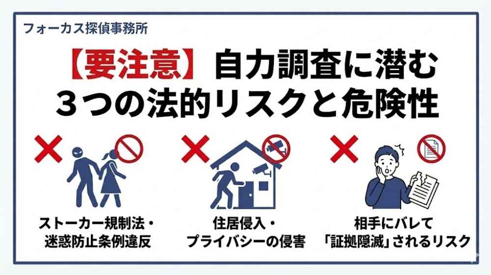 【要注意】自力調査に潜む3つの法的リスクと危険性(ストーカー規制法・迷惑防止条例違反、住居侵入・プライバシーの侵害、証拠隠滅されるリスク)の図解|フォーカス探偵事務所