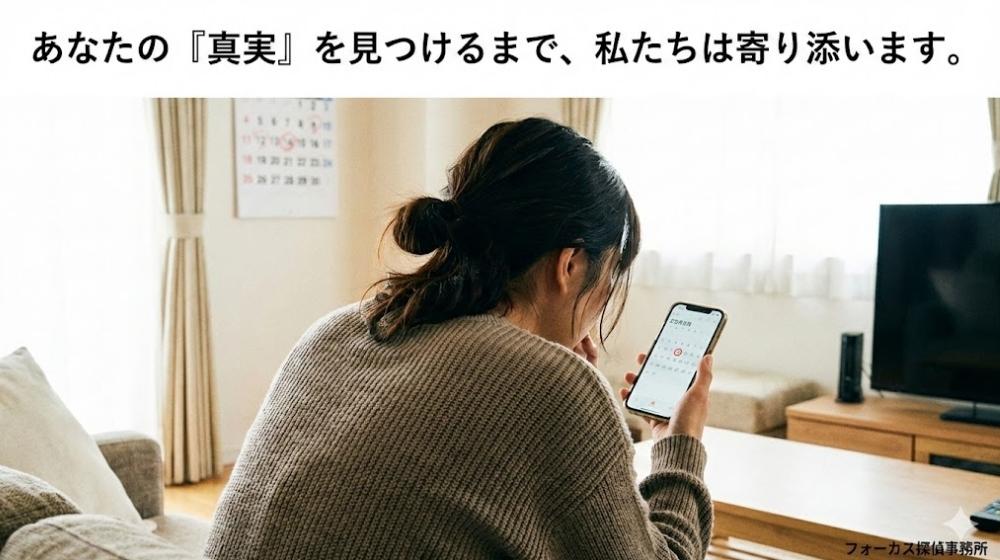 リビングでスマートフォンのカレンダーを不安そうに見つめる日本人女性の後ろ姿。「あなたの『真実』を見つけるまで、私たちは寄り添います。」のキャッチコピーと、右下にフォーカス探偵事務所の署名が入ったバナー画像