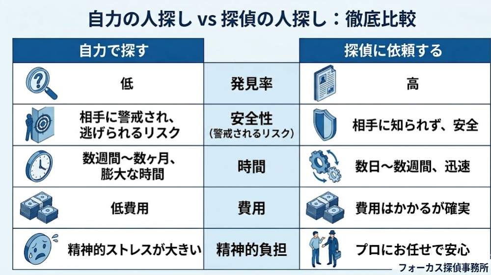 自力の人探しと探偵の人探しの比較表。発見率、安全性(警戒リスク)、時間、費用、精神的負担の5項目で比較している。自力は「費用が低い」点のみがメリットだが、発見率は低く、時間とストレスが大きい。探偵は「費用がかかる」が、発見率が高く、迅速で安全、精神的に安心できると説明されている。フォーカス探偵事務所作成。