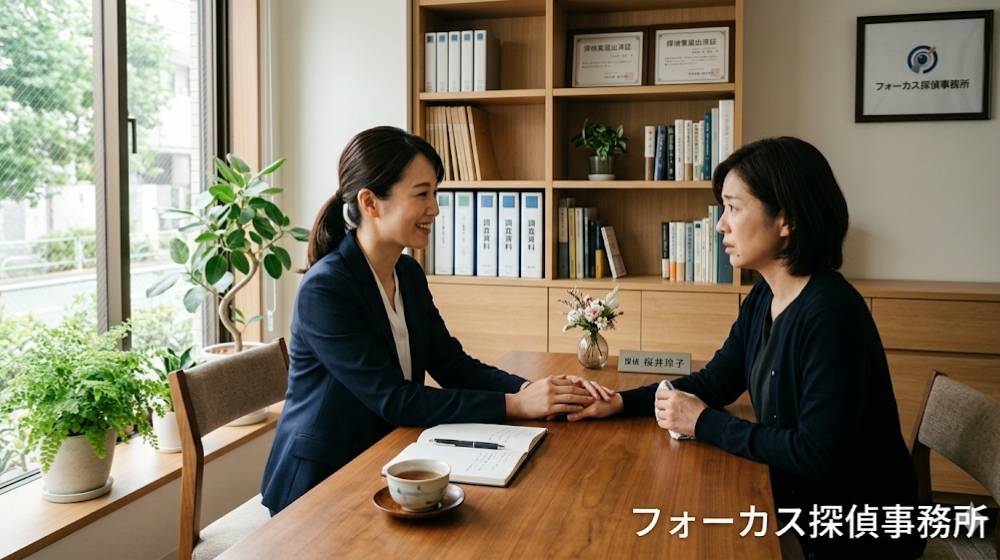 フォーカス探偵事務所の清潔な相談室で、女性探偵に人探しの悩みを打ち明け、安心した表情を浮かべるご相談者様