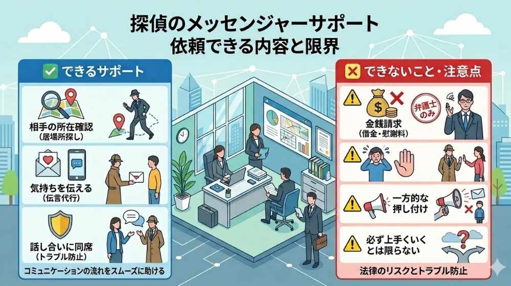 探偵のメッセンジャーサポートで依頼できる内容(所在確認や伝言代行など)と、できないことや注意点(金銭請求や一方的な押し付けなど)をまとめた図解