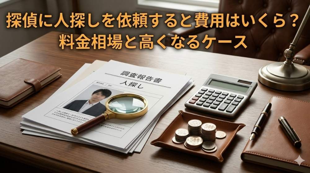 デスク上に置かれた虫眼鏡、電卓、日本の硬貨、調査報告書(人探し)の横に、オレンジ色で「探偵に人探しを依頼すると費用はいくら?料金相場と高くなるケース」と書かれたアイキャッチ画像