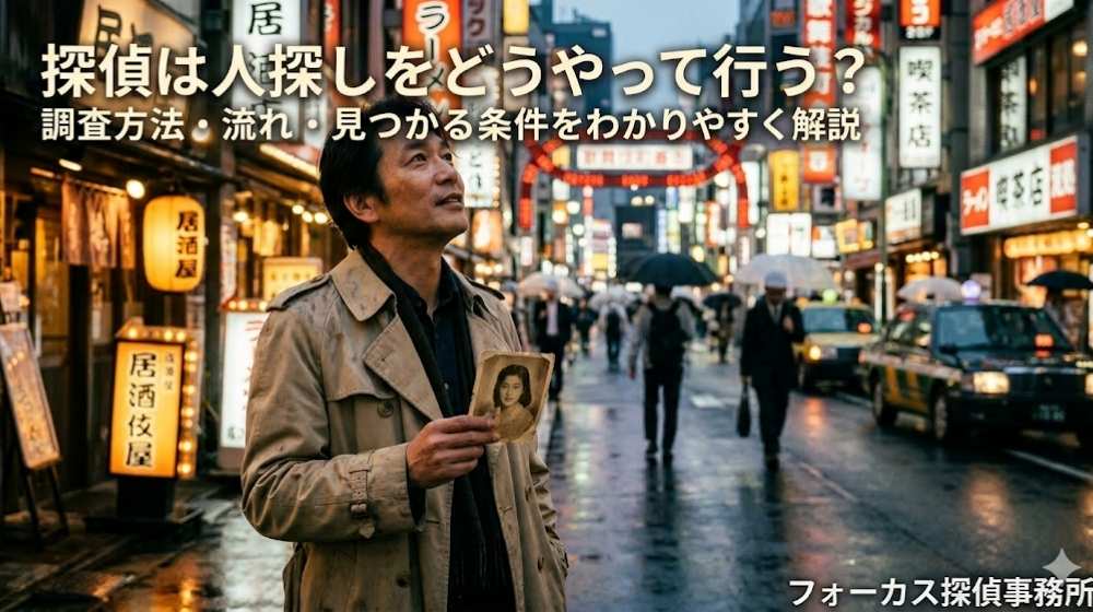 夕暮れの街並みを背景に、人探しの手がかりとなる写真を見つめるフォーカス探偵事務所の探偵