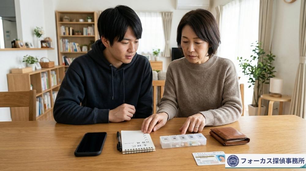 家族の失踪時に持ち物や情報を確認するイメージ