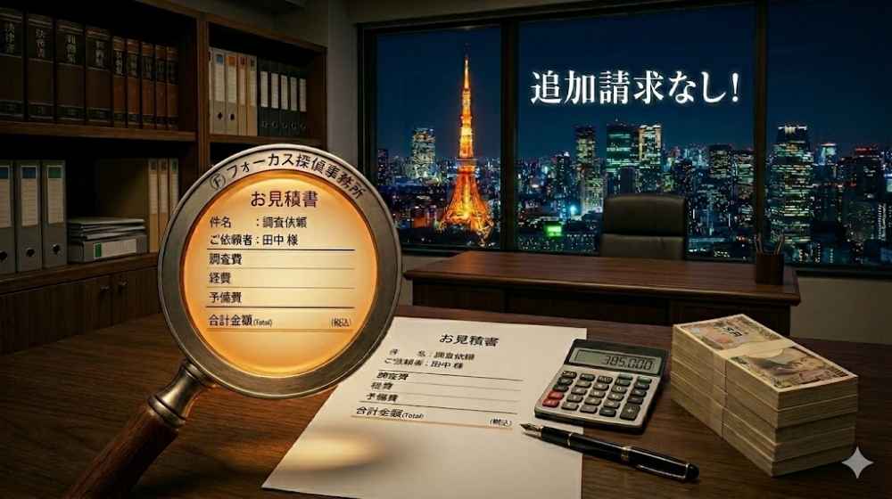 東京の夜景と東京タワーを背景に、フォーカス探偵事務所のお見積書を拡大する虫眼鏡が置かれたオフィスのデスク。窓には「追加請求なし!」の文字。