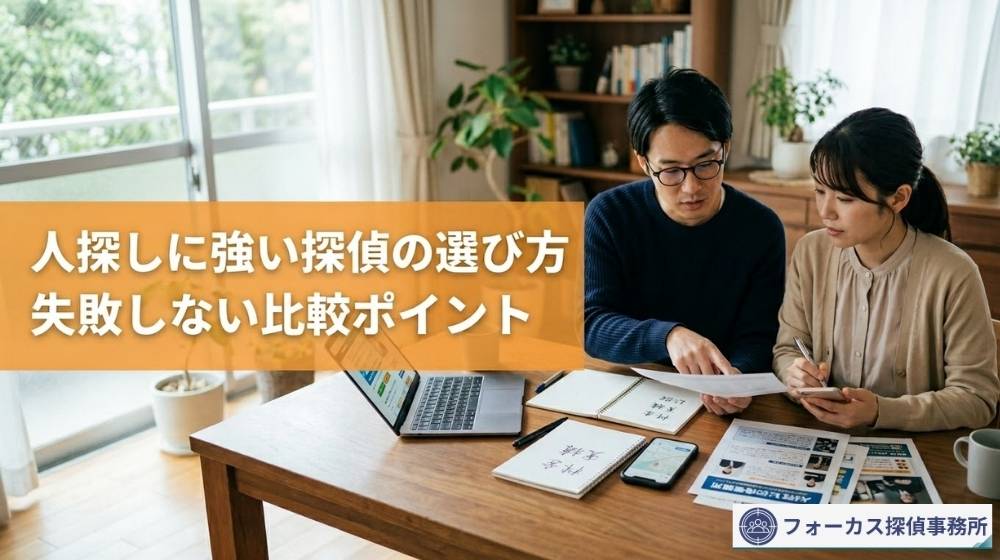 人探しに強い探偵の選び方 失敗しない比較ポイント」テキストバナー。リビングで書類相談する日本人カップルと、フォーカス探偵事務所の署名。
