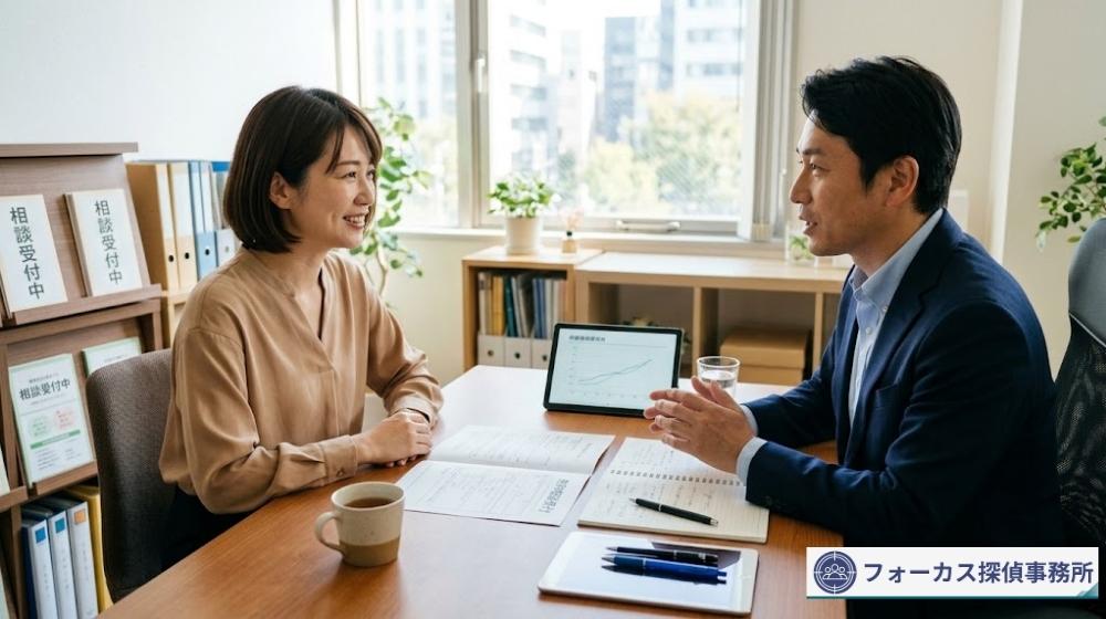 人探しの相談後に安心した表情を見せる依頼者の様子