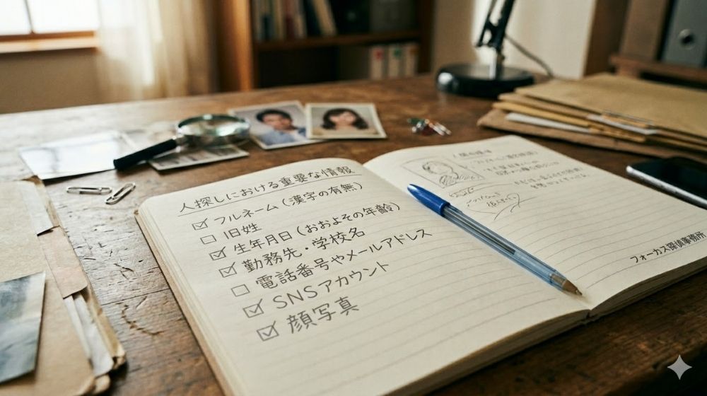 人探しに必要な情報をチェックリストで整理したメモのイメージ