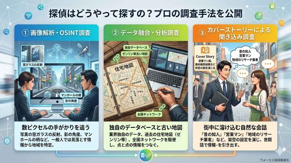 探偵はどうやって探すの？プロの調査手法である「画像解析・OSINT調査」「データ融合・分析調査」「カバーストーリーによる聞き込み調査」の3つをまとめた図解