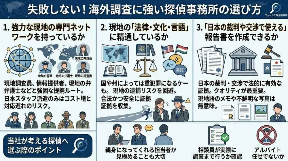 失敗しない海外調査に強い探偵事務所の選び方を図解（1.現地の専門ネットワーク、2.法律・文化・言語への精通、3.日本の裁判で使える報告書）と、担当者やアルバイト調査員を見極めるポイント