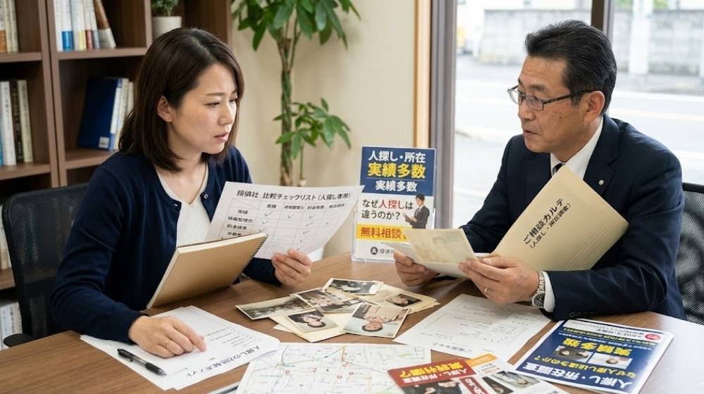 探偵事務所で、人探し調査について女性依頼者が探偵に相談する様子。テーブルには「人探し専用」の比較資料や古い写真が置かれ、真剣に検討している。