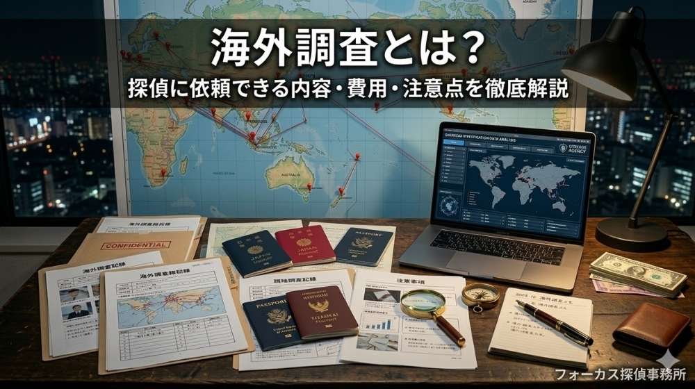 「『海外調査とは？探偵に依頼できる内容・費用・注意点を徹底解説』のタイトルと、パスポートや世界地図などの調査アイテムが並ぶデスクのイメージ（フォーカス探偵事務所）」