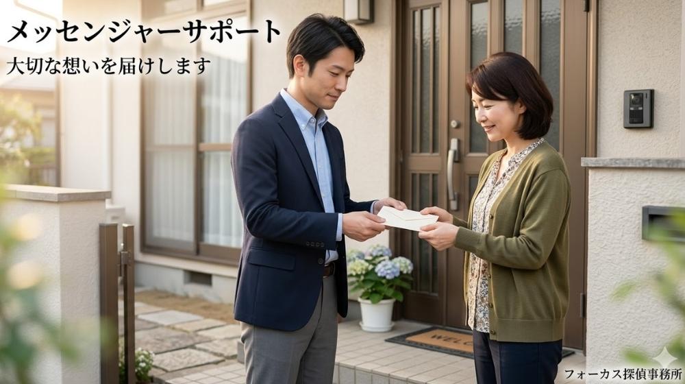 フォーカス探偵事務所のメッセンジャーサポート。玄関先で女性に手紙を手渡す探偵スタッフの様子。
