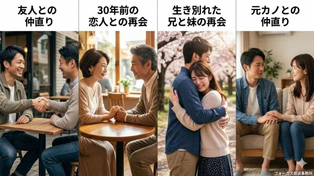 フォーカス探偵事務所のメッセンジャーサポート成功事例(友人との仲直り、30年前の恋人との再会、生き別れた兄妹の再会、元恋人との仲直りの4ケース)