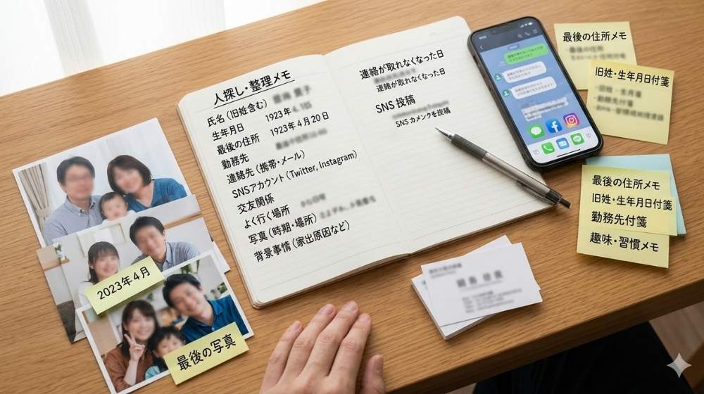 探偵への人探し依頼準備。必要情報をまとめたノート、家族写真、付箋、スマホ。