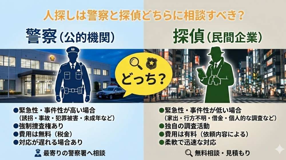 探しは警察と探偵どちらに相談すべき？警察（公的機関）と探偵（民間企業）の比較図"