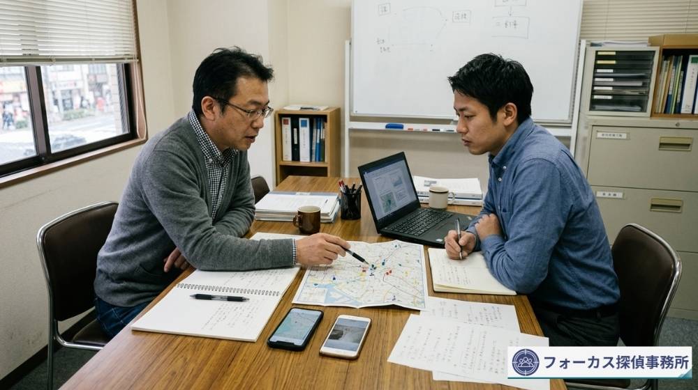 家出失踪の初動対応として情報整理を行う調査担当者のイメージ