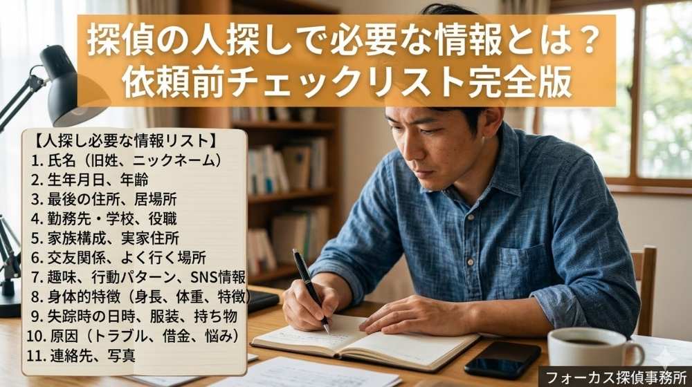 探偵, 人探し, チェックリスト, 情報, フォーカス探偵事務所, 日本語, 調査, 依頼前, リスト, インフォグラフィック, 男性, ノート, デスク, 「探偵の人探しで必要な情報とは」, 「依頼前チェックリスト完全版」.