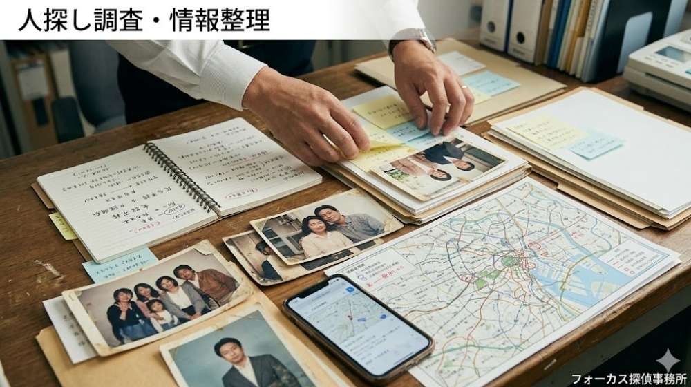 フォーカス探偵事務所にて、人探し調査の情報を整理している様子。机の上に広げられたノート、古い写真、スマートフォン、地図などを大人の手が整理している手元のクローズアップ写真。左上には「人探し調査・情報整理」、右下には「フォーカス探偵事務所」の文字が記載されています。