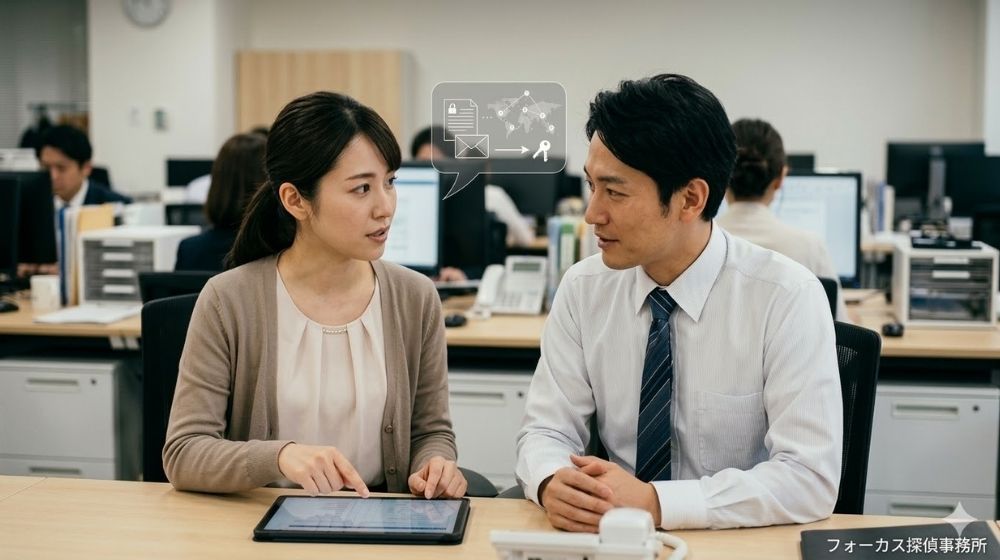 2人のオフィスワーカーがデスクでタブレットと浮動するデジタル通信アイコンを見ながら話している。右下に「フォーカス探偵事務所」のテキスト