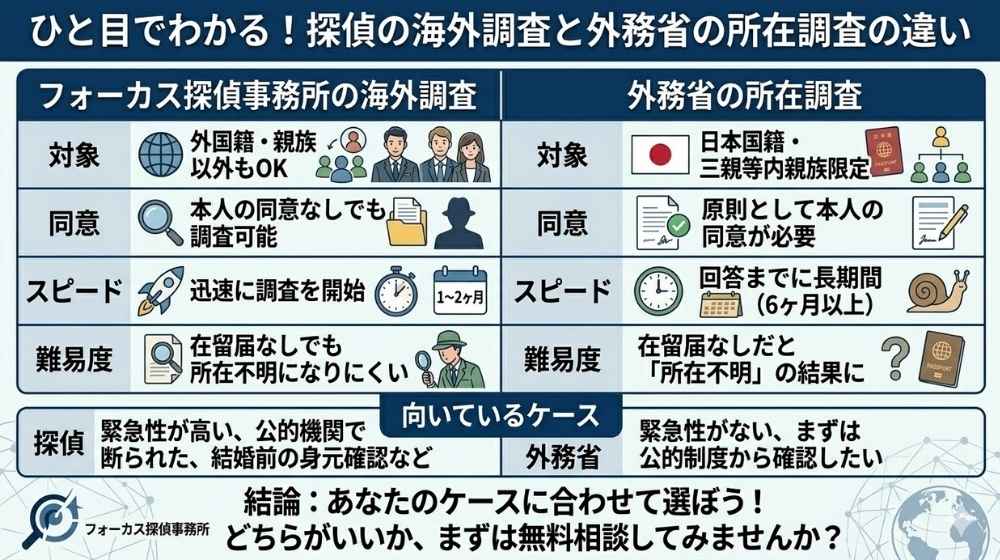 ひと目でわかる！探偵の海外調査と外務省の所在調査の違い・比較表