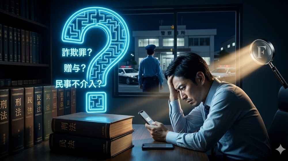 警察署を背景に、パパ活トラブルの法的ハードル「民事不介入」「贈与」「詐欺罪」について頭を抱える男性のイメージ