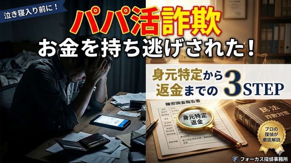 パパ活詐欺でお金を持ち逃げされて絶望する男性と、身元特定から返金までの3ステップを解説するフォーカス探偵事務所のイメージ画像