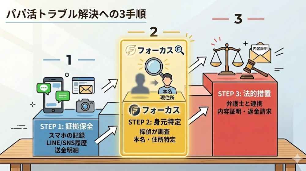 パパ活詐欺で持ち逃げされたお金を取り戻すための、3つの手順を分かりやすく図解した階段状のインフォグラフィック(フォーカス探偵事務所)