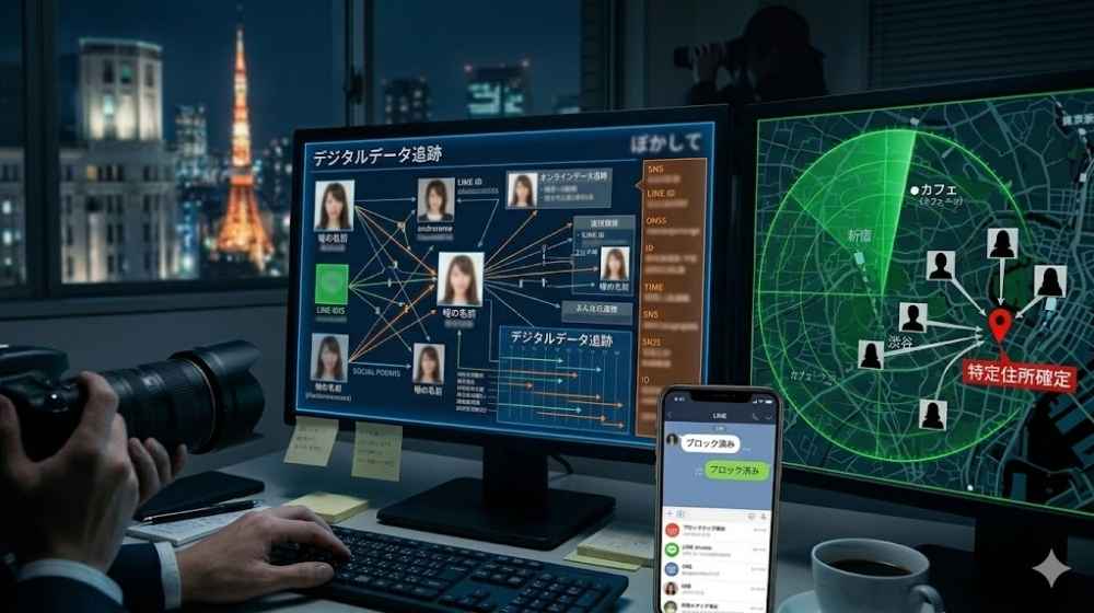 パソコンのモニターでターゲットのSNSやデジタルデータを解析し、地図上のレーダーで居場所を絞り込む探偵のデスク。手前にはブロックされたLINE画面のスマホがあり、フォーカス探偵事務所の高度な身元特定・実地調査能力を表したイメージ画像。