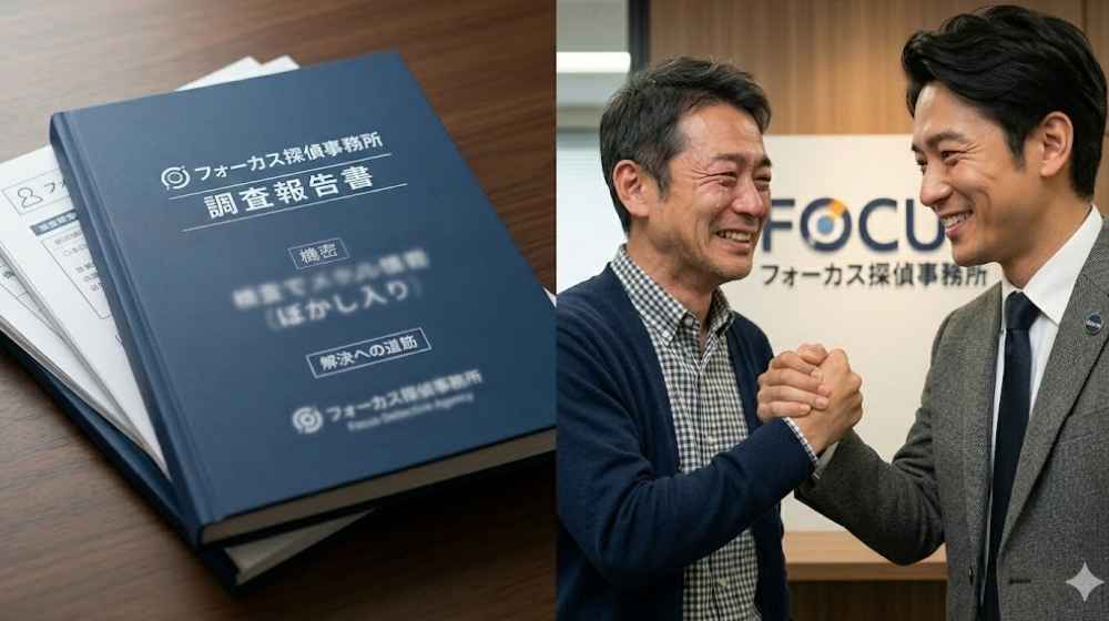 フォーカス探偵事務所の調査報告書と、パパ活詐欺の解決に安堵し私服姿で探偵と握手をする40代男性の事例イメージ