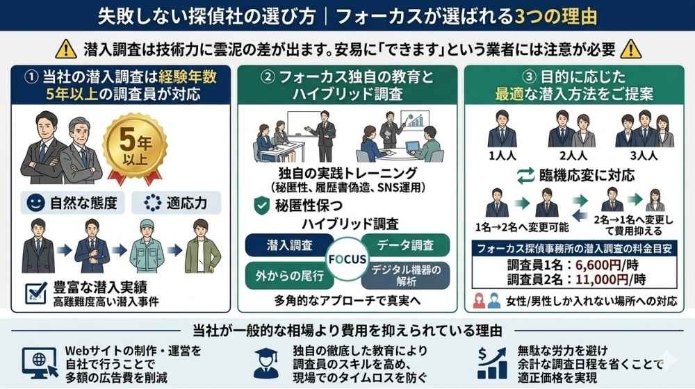 探偵事務所フォーカスの選ばれる3つの理由を解説したインフォグラフィック図解。1.経験年数5年以上のベテラン対応、2.独自教育とハイブリッド調査（データ・尾行・デジタル解析）、3.柔軟な人員配置と料金目安（1名1時間6,600円〜）を掲載。下部には自社運営による広告費削減など、低価格を実現している理由を明記。