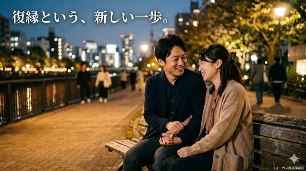 「復縁という、新しい一歩。」というメッセージとともに、夜の川沿いのベンチで笑顔で見つめ合い、手を握り合う男女
