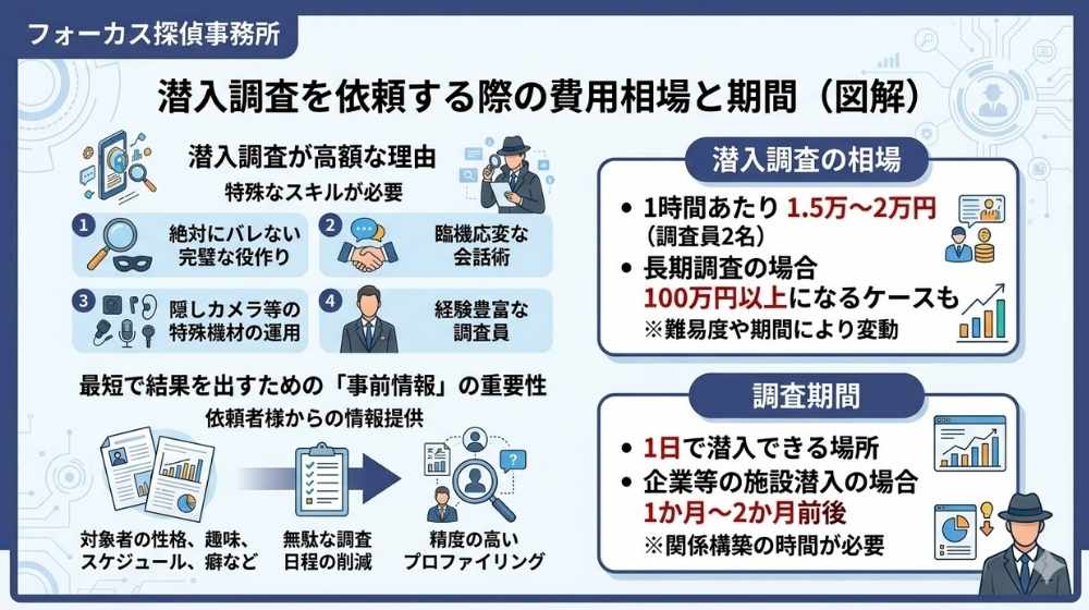 潜入調査を依頼する際の費用相場と期間を分かりやすく解説したインフォグラフィック。高額になる理由や事前情報の重要性も図解しています。フォーカス探偵事務所