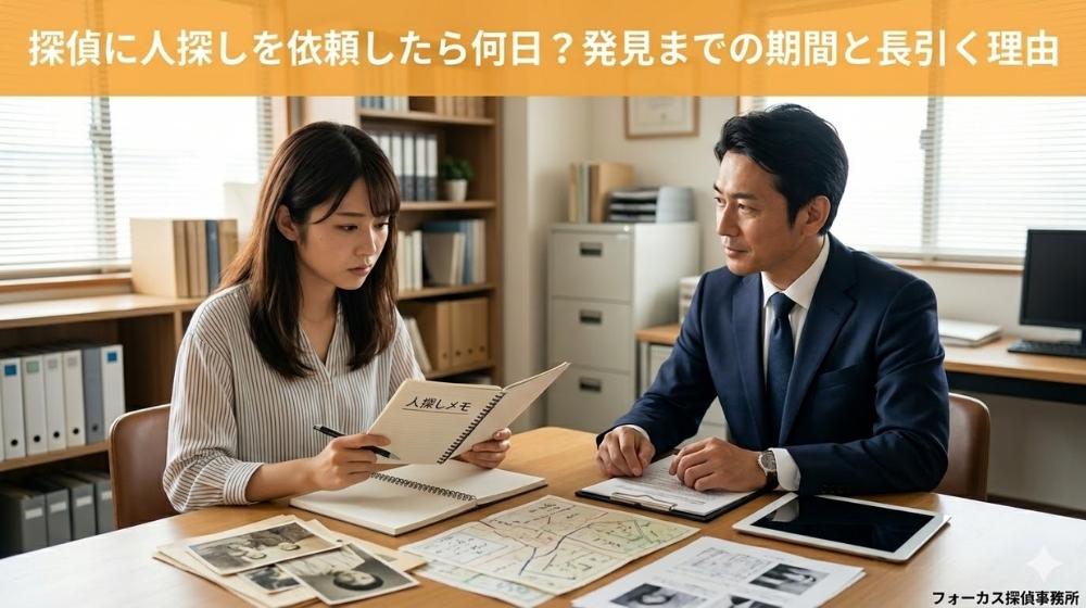 探偵に人探しの相談をする女性と男性探偵。画像上部に「探偵に人探しを依頼したら何日?発見までの期間と長引く理由」のタイトル。フォーカス探偵事務所。