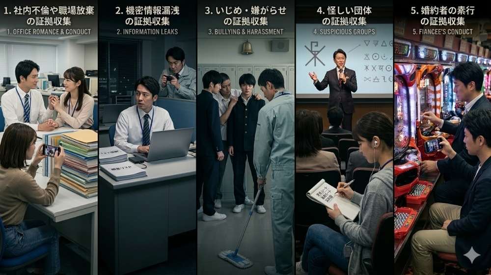 異なる5つの垂直パネルからなる映画のような写実的な複合写真。各パネル上部には日本語と英語のテキストがあり、探偵による異なる潜入調査シナリオを描いている。1. オフィスでの社内不倫と職場放棄（秘密撮影）。2. オフィスでの機密情報漏洩（小型カメラ監視）。3. 学校でのいじめ・嫌がらせ（隠しカメラ記録）。4. セミナーホールでの怪しいカルト団体（メモと録音）。5. パチンコ店での婚約者の素行（秘密撮影）。