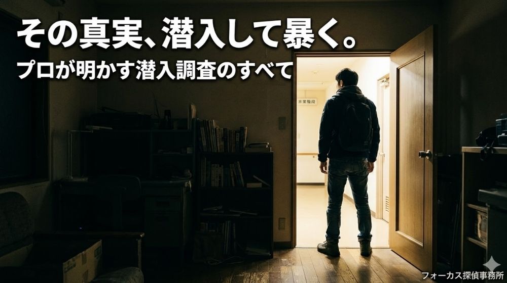 暗い部屋の開いた扉から差し込む光の中に立つ人物の背中と、「その真実、潜入して暴く。プロが明かす潜入調査のすべて」というテキスト