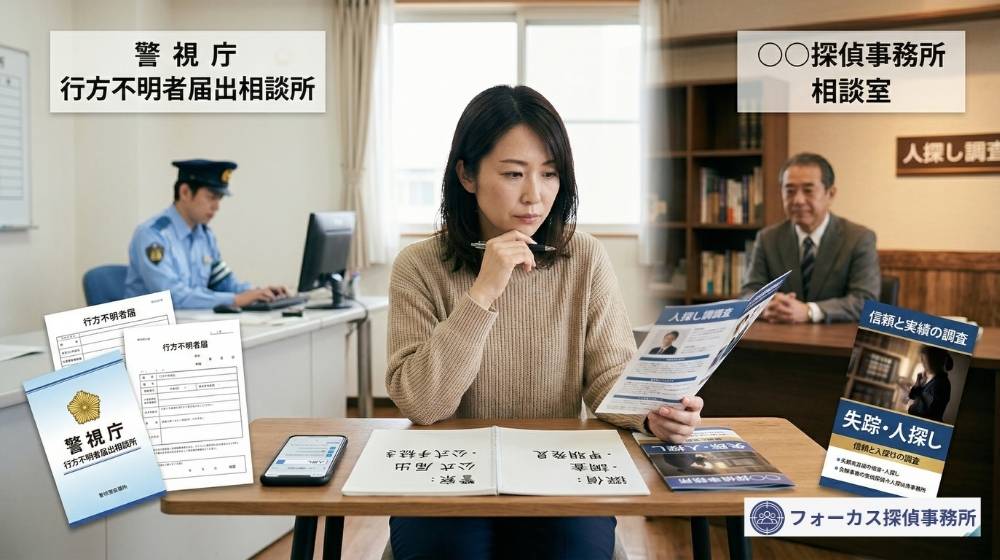 警察と探偵、どちらに人探しの相談をするか比較して迷っている女性のイメージ画像。