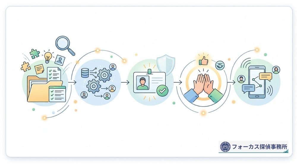 昔の知人と再び連絡を取るまでの流れを表したイメージ図