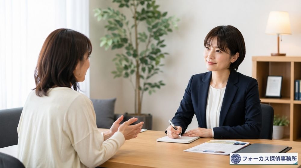 店員のつきまといに関する不安を探偵事務所に相談する女性