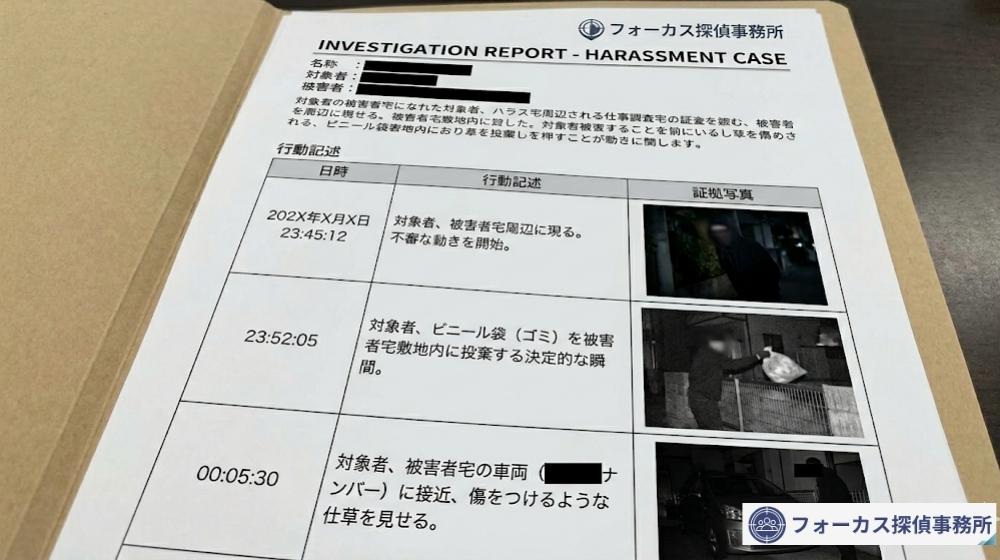 警察を動かすための決定的な証拠となる、フォーカス探偵事務所の嫌がらせ調査報告書のサンプル画像。日時、行動記述、証拠写真が秒単位で詳細に記録されている様子。