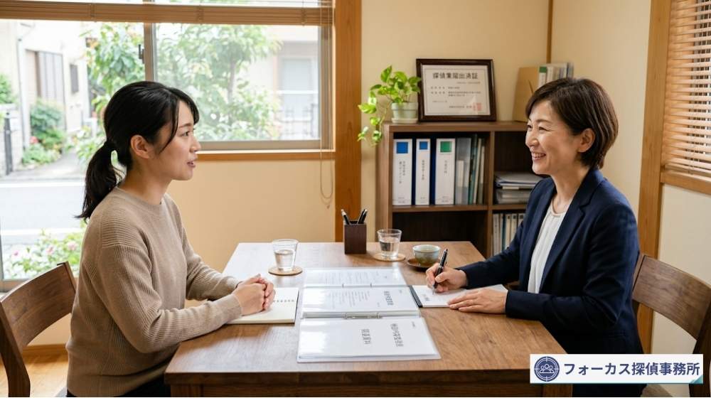 探偵事務所で相談者の話を丁寧に聞いているスタッフのイメージ
