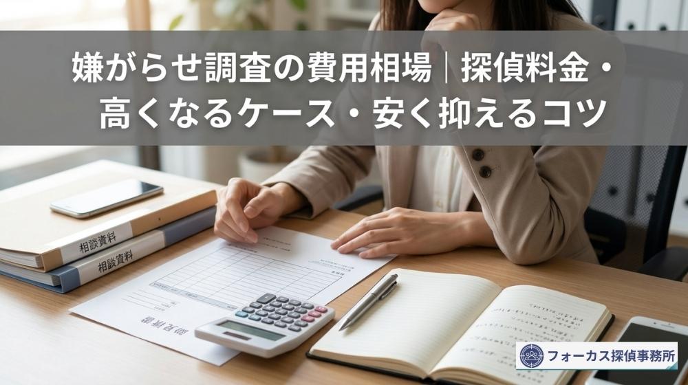 嫌がらせ調査の費用相場や見積り相談をイメージした資料と電卓のアイキャッチ画像