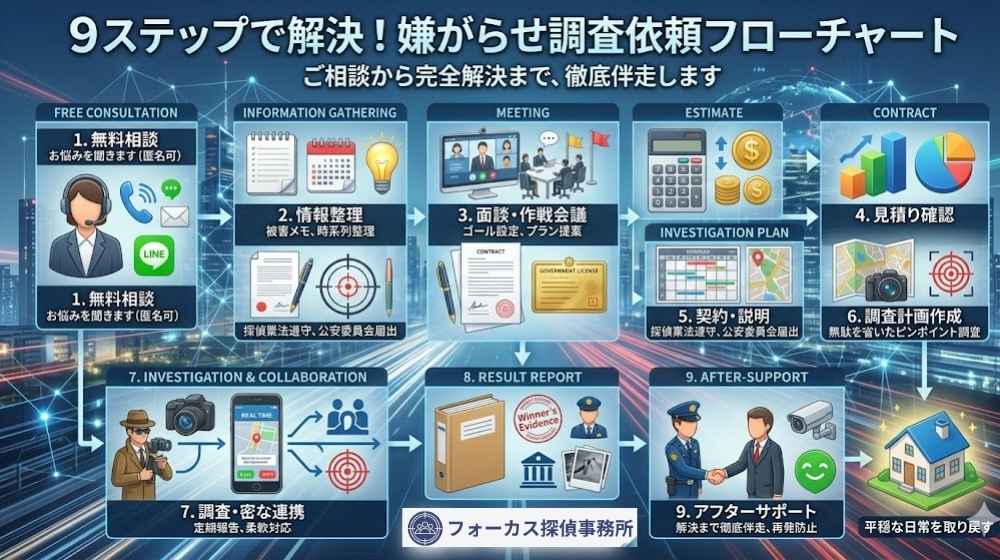 フォーカス探偵事務所の嫌がらせ調査のご相談から解決までの流れ（全9ステップ）をまとめた図解インフォグラフィック。無料相談、情報整理、見積りから、調査後の法的サポートまでを解説しています。