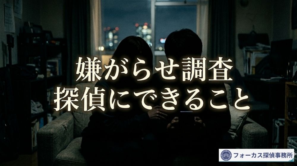 「嫌がらせ調査 探偵にできること」のタイトルと、不安を抱え解決策を探している人物のイメージ