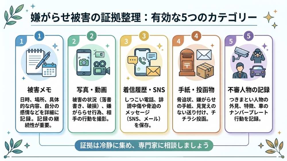 嫌がらせの証拠として残しやすい主な記録をまとめた図解