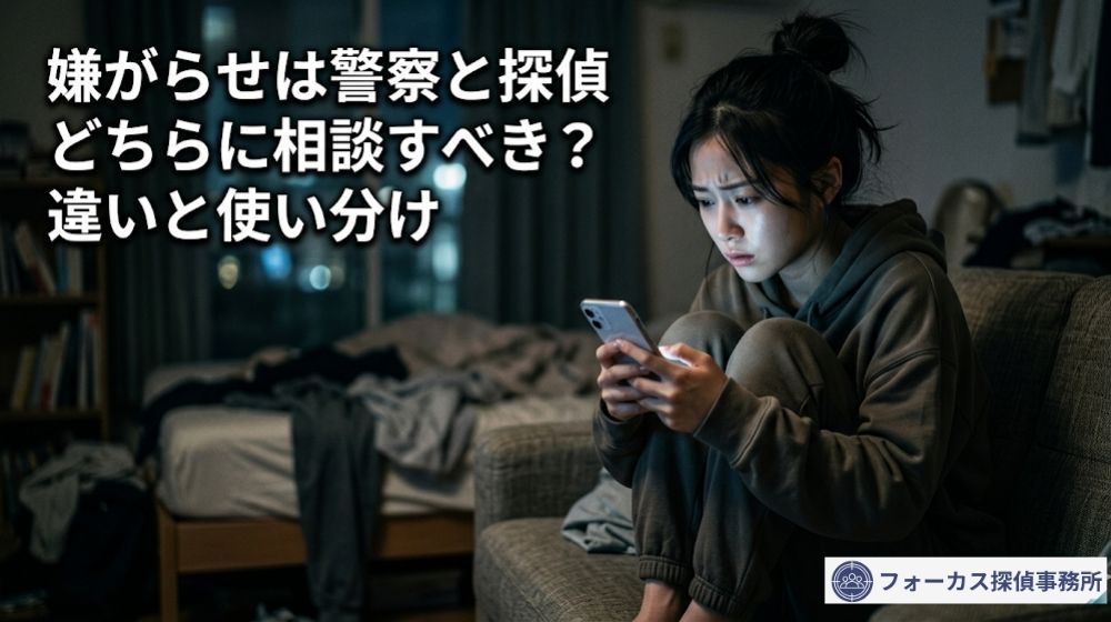 夜間にスマートフォンを見て嫌がらせの不安を抱える女性