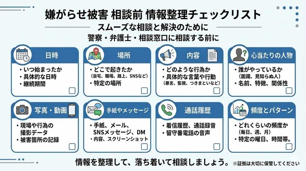 嫌がらせ調査の相談前に整理しておきたい情報のチェックリスト図解