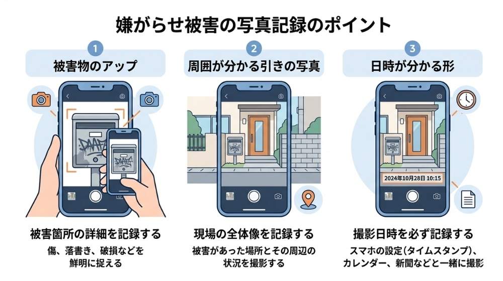 嫌がらせ被害の写真や動画を残すときのポイントをまとめた図解
