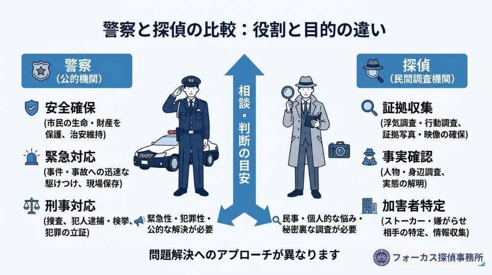 嫌がらせ被害で警察と探偵の役割の違いを整理した図解