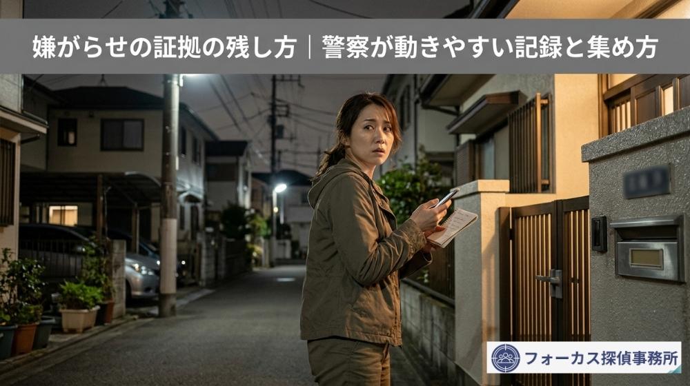 夜の住宅街で嫌がらせ被害の記録を確認する女性のイメージ